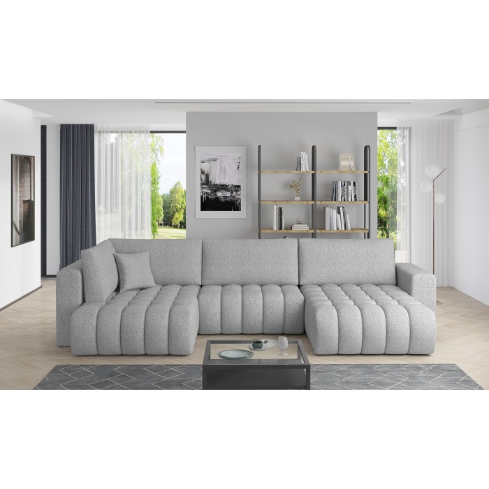 Canapé d'angle BONITA convertible 6 places gris clair tissu chenillé – droit – 350x175cm 