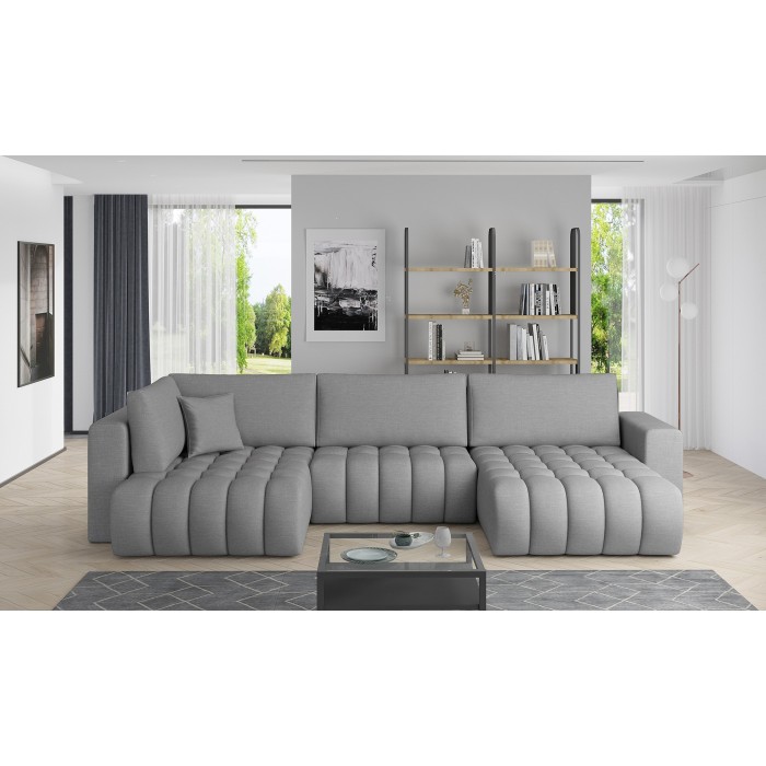 Canapé d'angle BONITA convertible 6 places gris clair tissu – droit – 350x175cm 