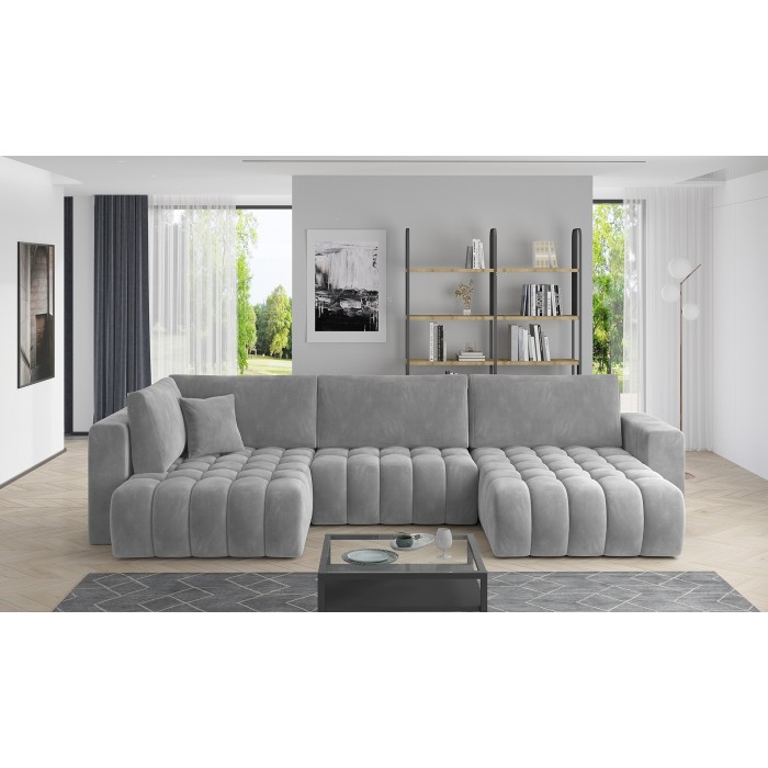 Canapé d'angle BONITA convertible 6 places gris clair effet velours – droit – 350x175cm 