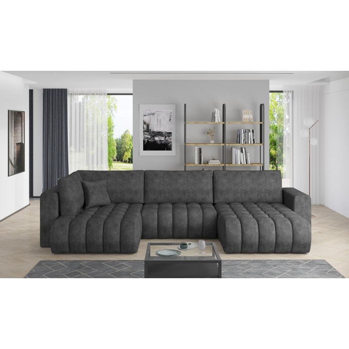 Canapé d'angle BONITA convertible 6 places gris foncé effet marbré – droit – 350x175cm 