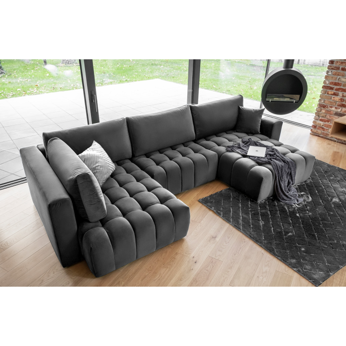 Canapé d'angle BONITA convertible 6 places gris foncé tissu – droit – 350x175cm 
