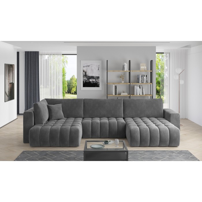 Canapé d'angle BONITA convertible 6 places gris foncé effet velours – droit – 350x175cm 