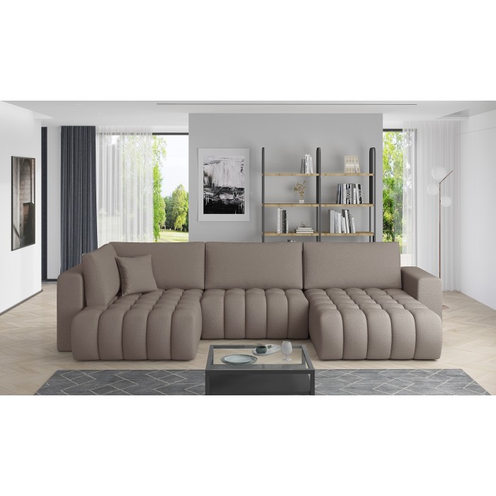 Canapé d'angle BONITA convertible 6 places beige foncé tissu – droit – 350x175cm 