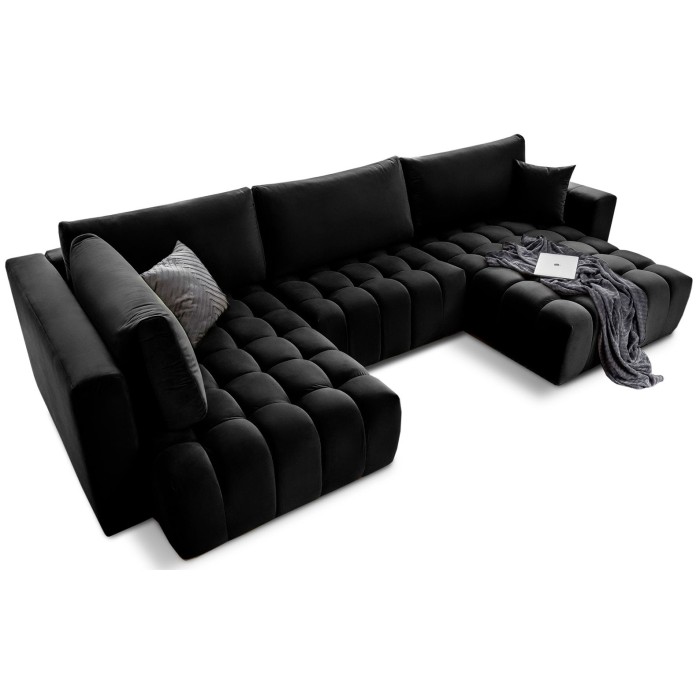 Canapé d'angle BONITA convertible 6 places noir effet velours – droit – 350x175cm 