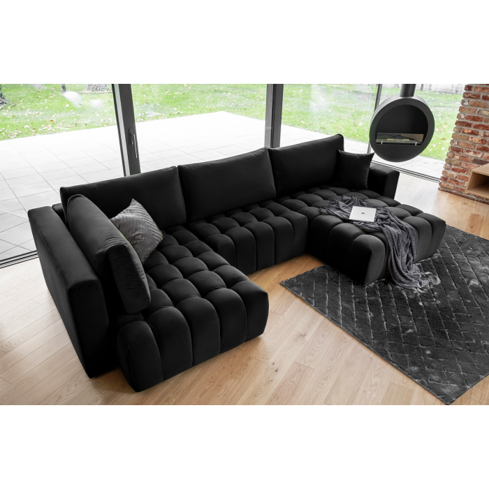 Canapé d'angle BONITA convertible 6 places noir effet velours – droit – 350x175cm 