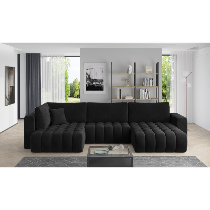 Canapé d'angle BONITA convertible 6 places noir effet velours – droit – 350x175cm 