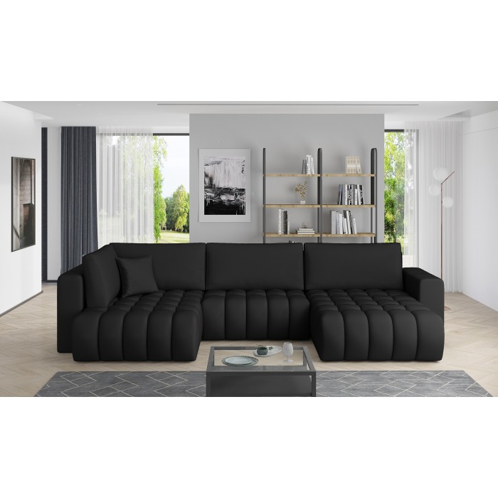 Canapé d'angle BONITA convertible 6 places noir tissu – droit – 350x175cm 