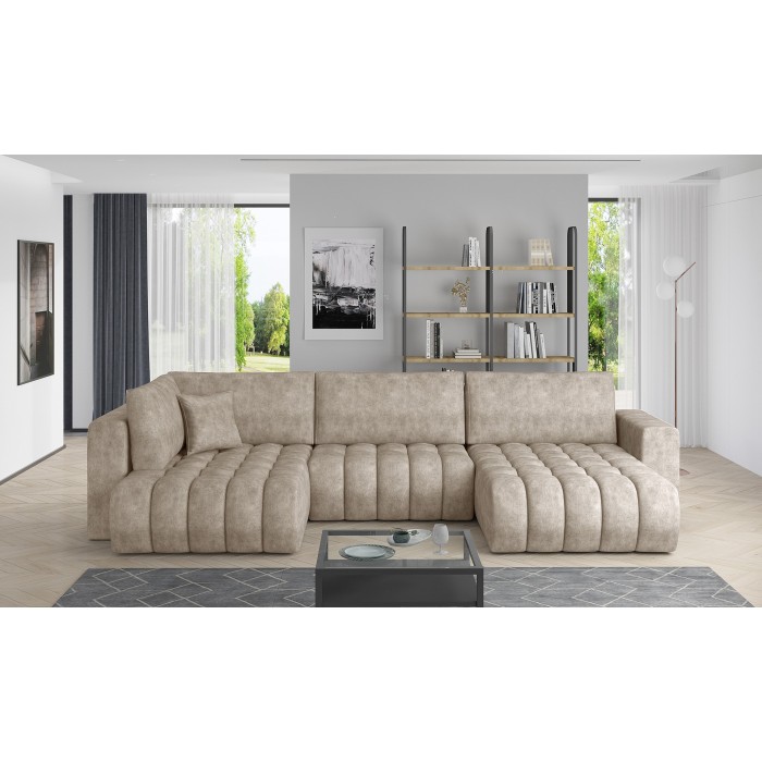 Canapé d'angle BONITA convertible 6 places beige effet marbré – droit – 350x175cm 