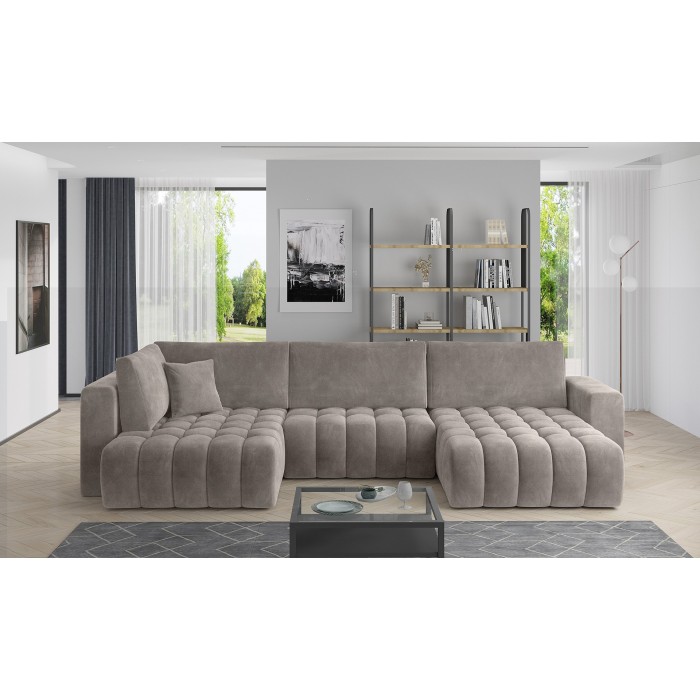 Canapé d'angle BONITA convertible 6 places beige effet tissu – droit – 350x175cm 