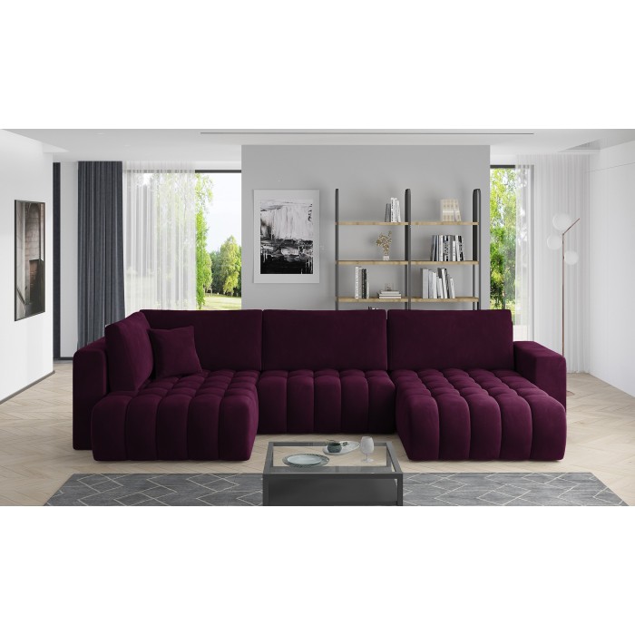 Canapé d'angle BONITA convertible 6 places violet foncé effet velours – droit – 350x175cm 