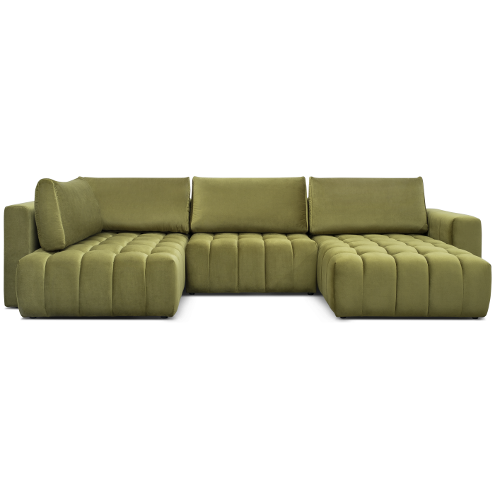 Canapé d'angle BONITA convertible 6 places vert caca d'oie effet velours – droit – 350x175cm 