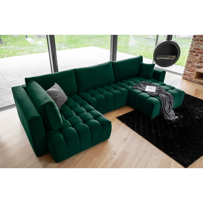 Canapé d'angle BONITA convertible 6 places vert foncé effet velours – droit – 350x175cm 