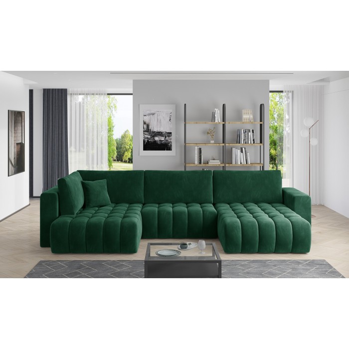 Canapé d'angle BONITA convertible 6 places vert foncé effet velours – droit – 350x175cm 