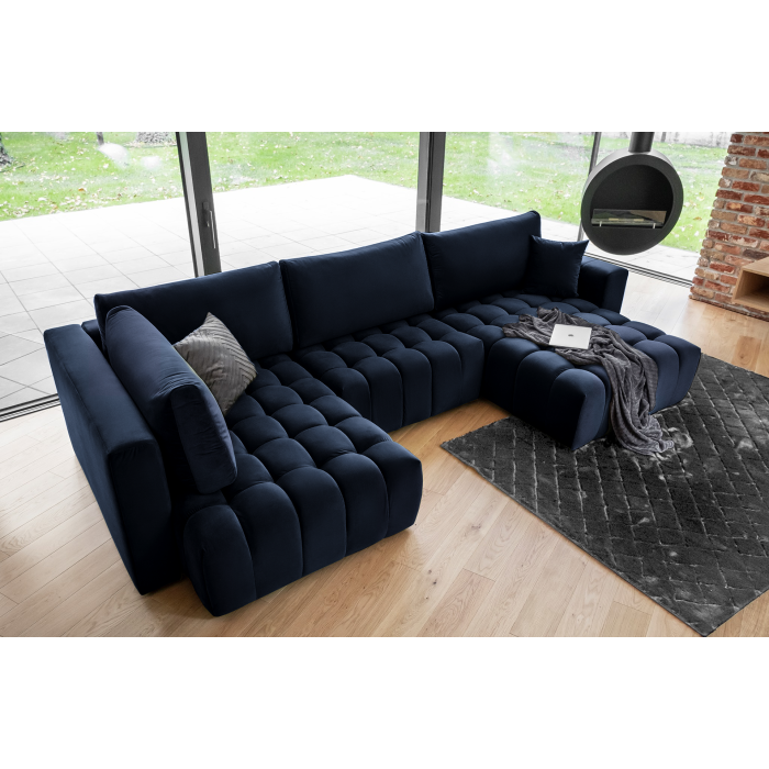 Canapé d'angle BONITA convertible 6 places bleu nuit tissu – droit – 350x175cm 