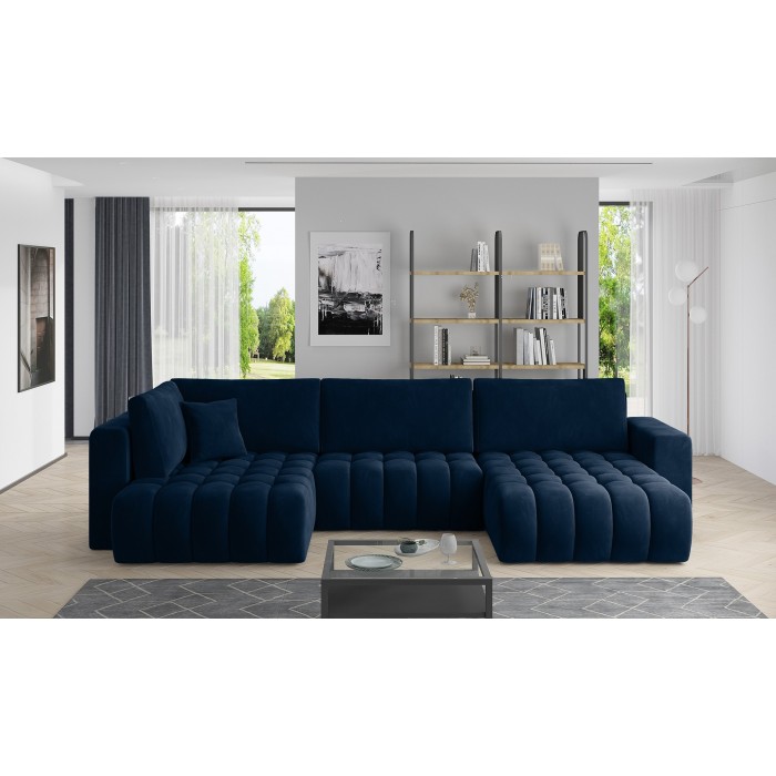 Canapé d'angle BONITA convertible 6 places bleu nuit effet velours – droit – 350x175cm 