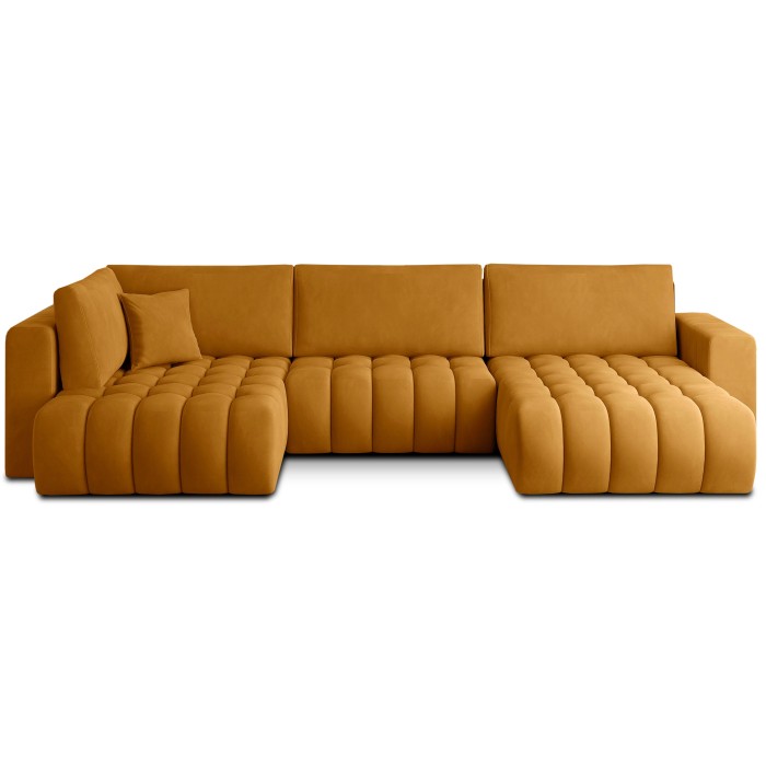 Canapé d'angle BONITA convertible 6 places jaune orangé tissu – droit – 350x175cm 