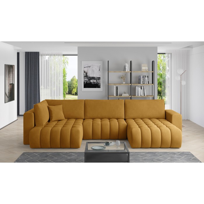 Canapé d'angle BONITA convertible 6 places jaune orangé tissu – droit – 350x175cm 