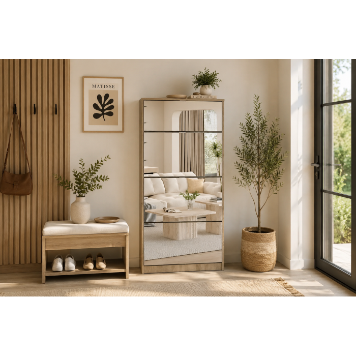 Mobile per scarpe MEXICO – 4 cassetti con specchi – Colore rovere sonoma – Organizzazione verticale contemporanea