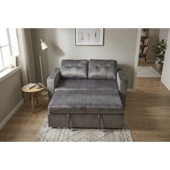 Canapé PRESTO convertible 2 places en velours – Gris foncé – 142 x 82 x 86 cm