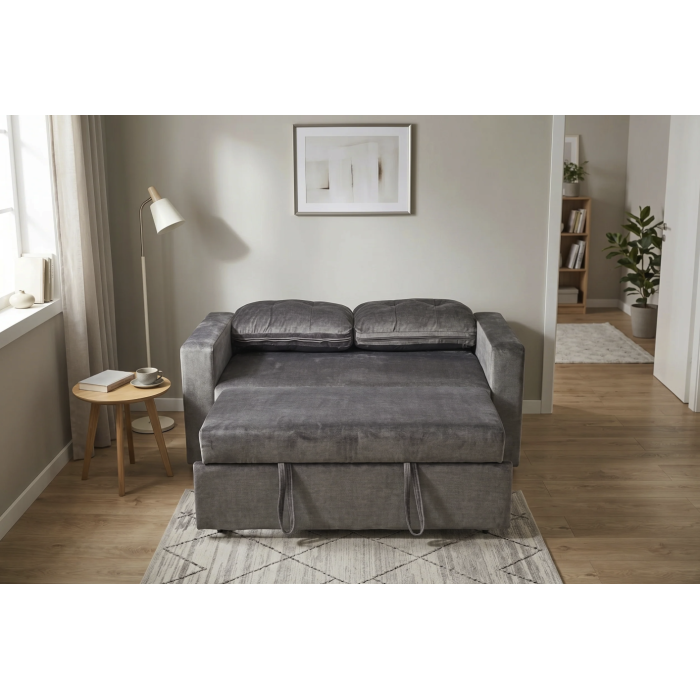 Canapé PRESTO convertible 2 places en velours – Gris foncé – 142 x 82 x 86 cm