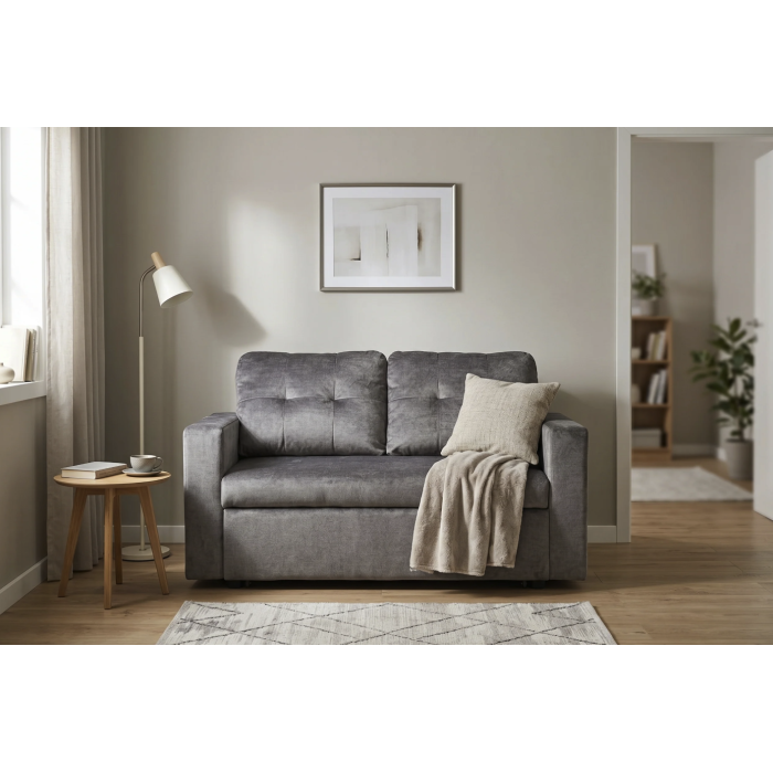 Canapé PRESTO convertible 2 places en velours – Gris foncé – 142 x 82 x 86 cm