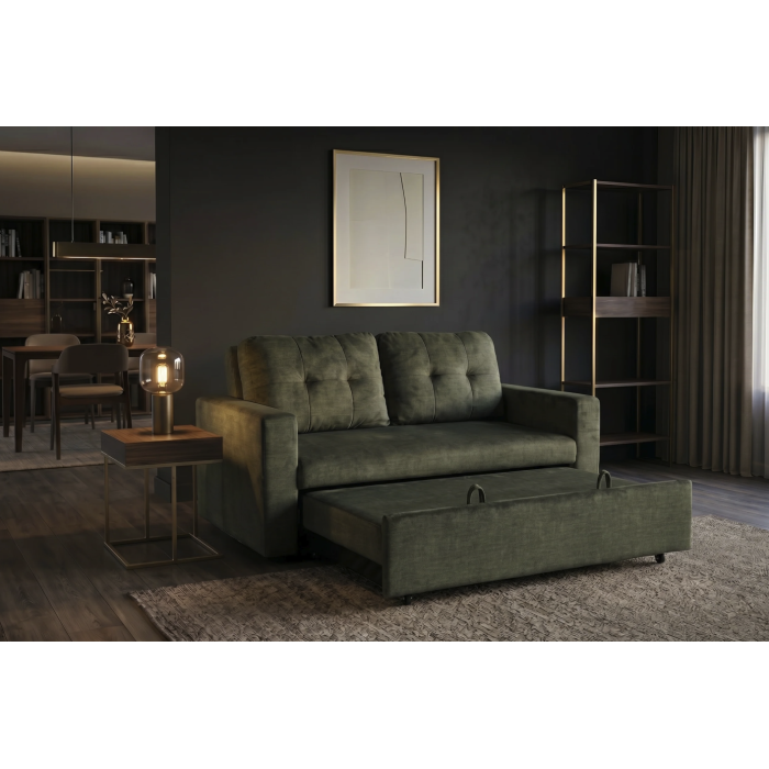 Canapé PRESTO convertible 2 places en velours – Vert foncé – 142 x 82 x 86 cm
