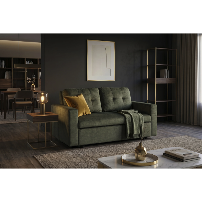 Canapé PRESTO convertible 2 places en velours – Vert foncé – 142 x 82 x 86 cm