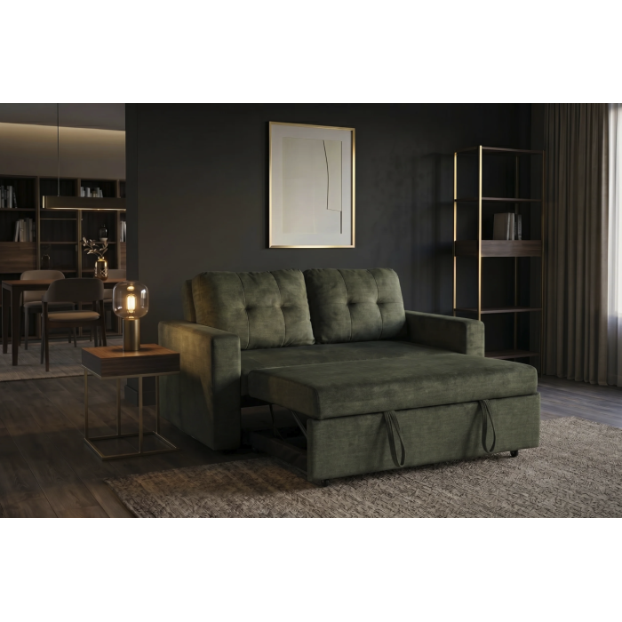 Canapé PRESTO convertible 2 places en velours – Vert foncé – 142 x 82 x 86 cm