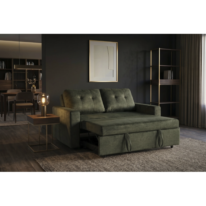 Canapé PRESTO convertible 2 places en velours – Vert foncé – 142 x 82 x 86 cm