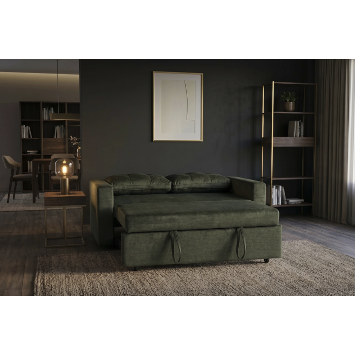 Canapé PRESTO convertible 2 places en velours – Vert foncé – 142 x 82 x 86 cm