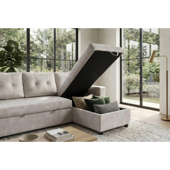 Canapé d’angle CALDERO convertible 3 places avec coffre – Beige champagne – 202 x 90 x 150 cm