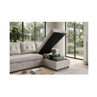 Canapé d’angle CALDERO convertible 3 places avec coffre – Beige champagne – 202 x 90 x 150 cm