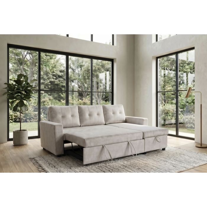 Canapé d’angle CALDERO convertible 3 places avec coffre – Beige champagne – 202 x 90 x 150 cm