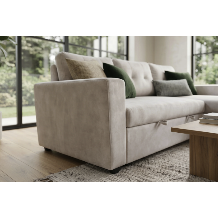 Canapé d’angle CALDERO convertible 3 places avec coffre – Beige champagne – 202 x 90 x 150 cm