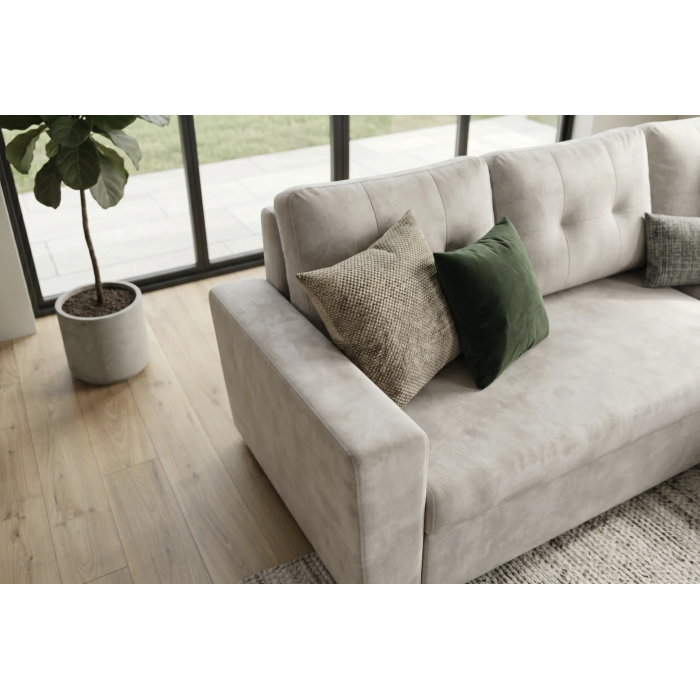 Canapé d’angle CALDERO convertible 3 places avec coffre – Beige champagne – 202 x 90 x 150 cm