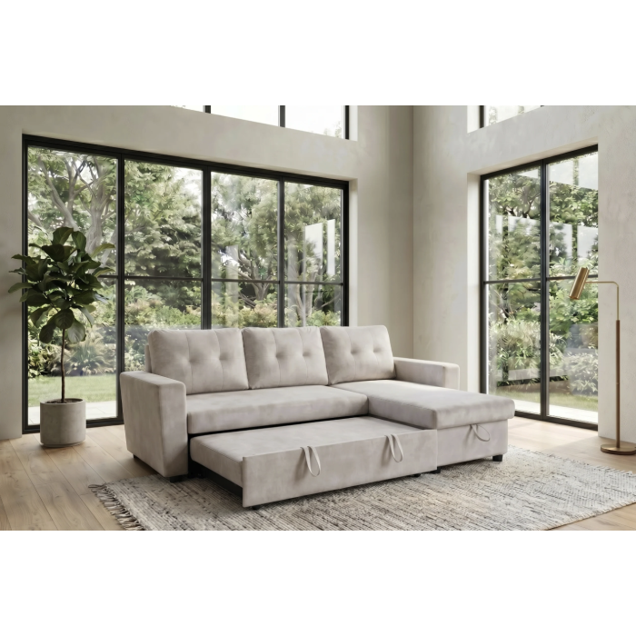 Canapé d’angle CALDERO convertible 3 places avec coffre – Beige champagne – 202 x 90 x 150 cm