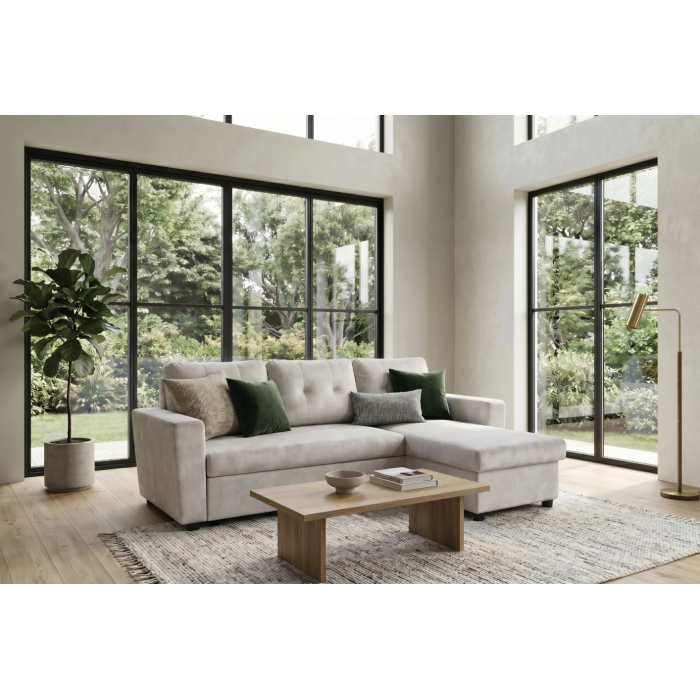 Canapé d’angle CALDERO convertible 3 places avec coffre – Beige champagne – 202 x 90 x 150 cm