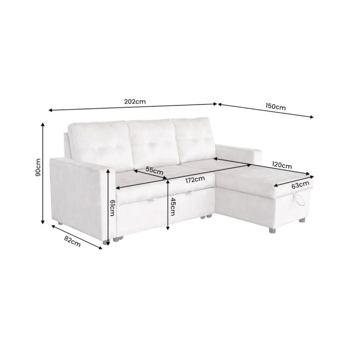 Canapé d’angle CALDERO convertible 3 places avec coffre – Beige champagne – 202 x 90 x 150 cm