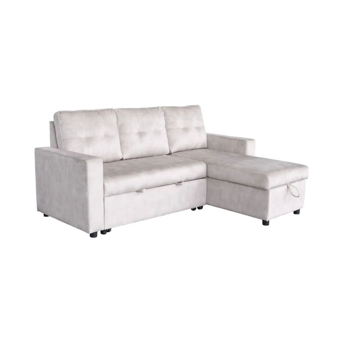 Canapé d’angle CALDERO convertible 3 places avec coffre – Beige champagne – 202 x 90 x 150 cm