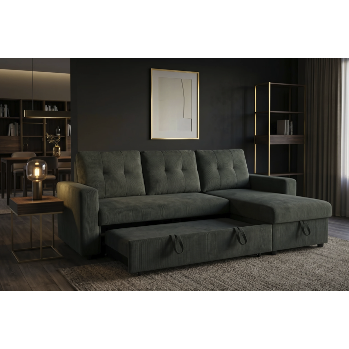 Canapé d’angle CALDERO convertible 3 places avec coffre – Velours vert foncé – 202 x 90 x 150 cm