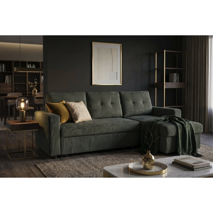 Canapé d’angle CALDERO convertible 3 places avec coffre – Velours vert foncé – 202 x 90 x 150 cm
