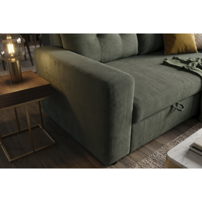 Canapé d’angle CALDERO convertible 3 places avec coffre – Velours vert foncé – 202 x 90 x 150 cm