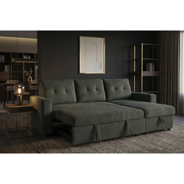Canapé d’angle CALDERO convertible 3 places avec coffre – Velours vert foncé – 202 x 90 x 150 cm