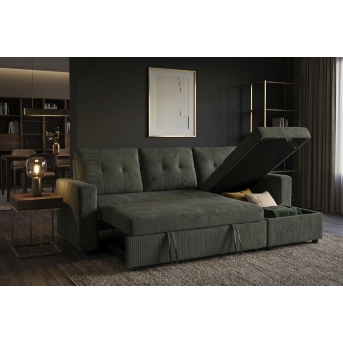 Canapé d’angle CALDERO convertible 3 places avec coffre – Velours vert foncé – 202 x 90 x 150 cm