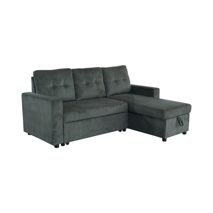 Canapé d’angle CALDERO convertible 3 places avec coffre – Velours vert foncé – 202 x 90 x 150 cm
