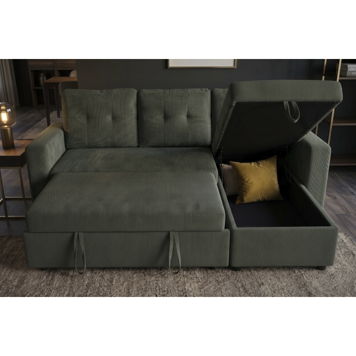 Canapé d’angle CALDERO convertible 3 places avec coffre – Velours vert foncé – 202 x 90 x 150 cm