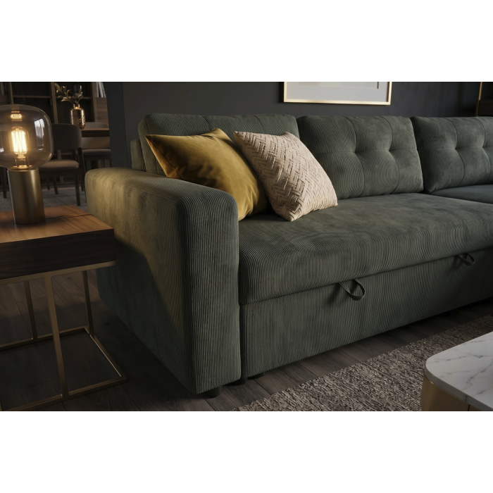 Canapé d’angle CALDERO convertible 3 places avec coffre – Velours vert foncé – 202 x 90 x 150 cm