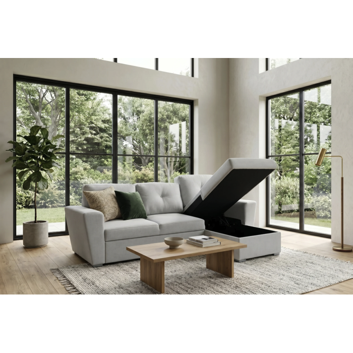 Canapé d'angle convertible CALDERO blanc avec coffre ouvert