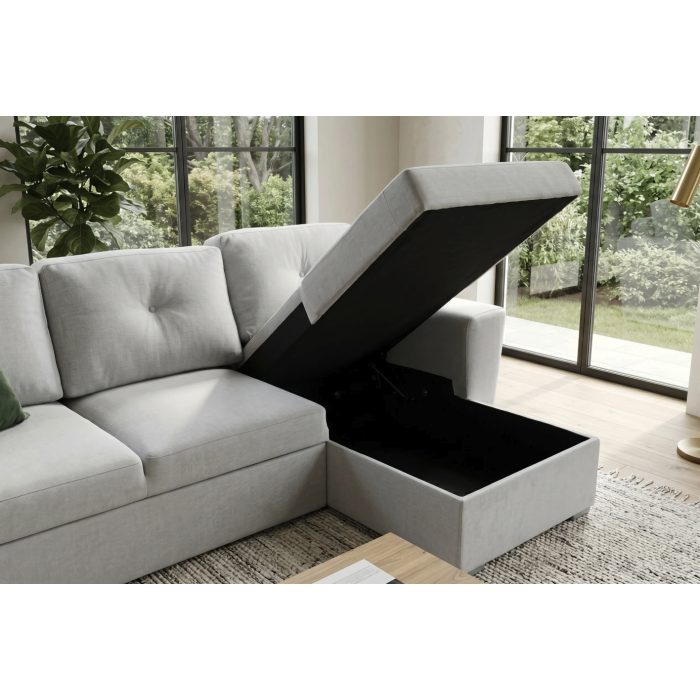 Canapé d'angle convertible CALDERO blanc avec coffre ouvert vue rapprochée