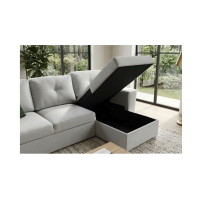 Canapé d'angle convertible CALDERO blanc avec coffre ouvert vue rapprochée